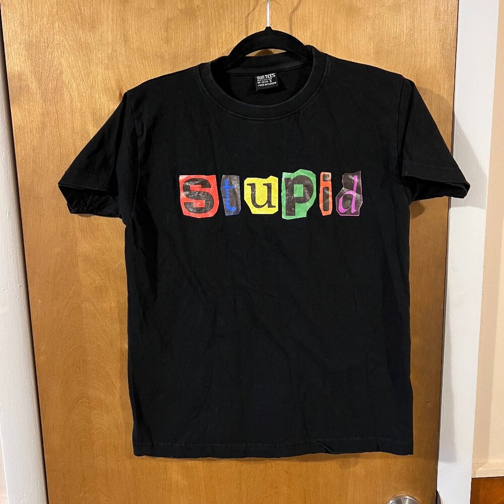 Sun Tees Women's Black Colorful Graphic 'Stupid' Short Sleeve Shirt - Small
